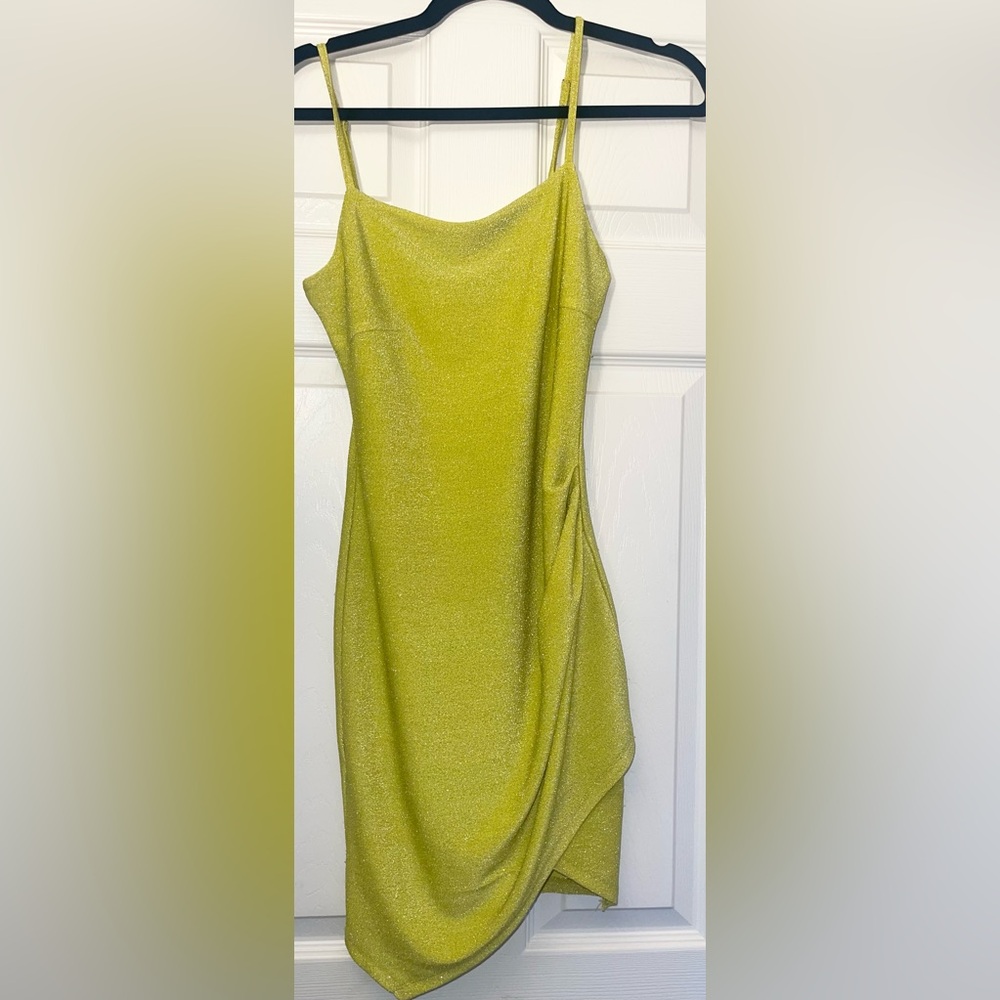 Forever 21 Lime Green Short Stretchy Shimmer Glitter Mini Dress Adjustable